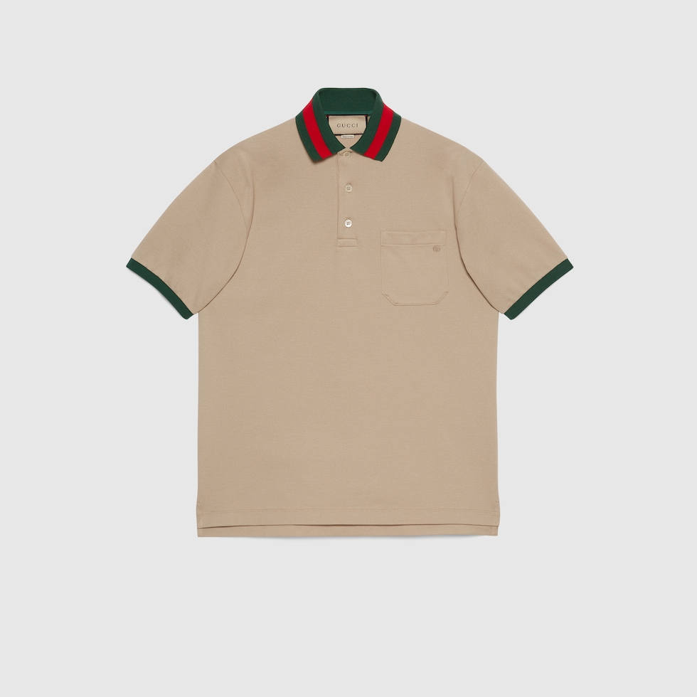 Cotton piquet polo with Web collar in beige | GUCCI® CA