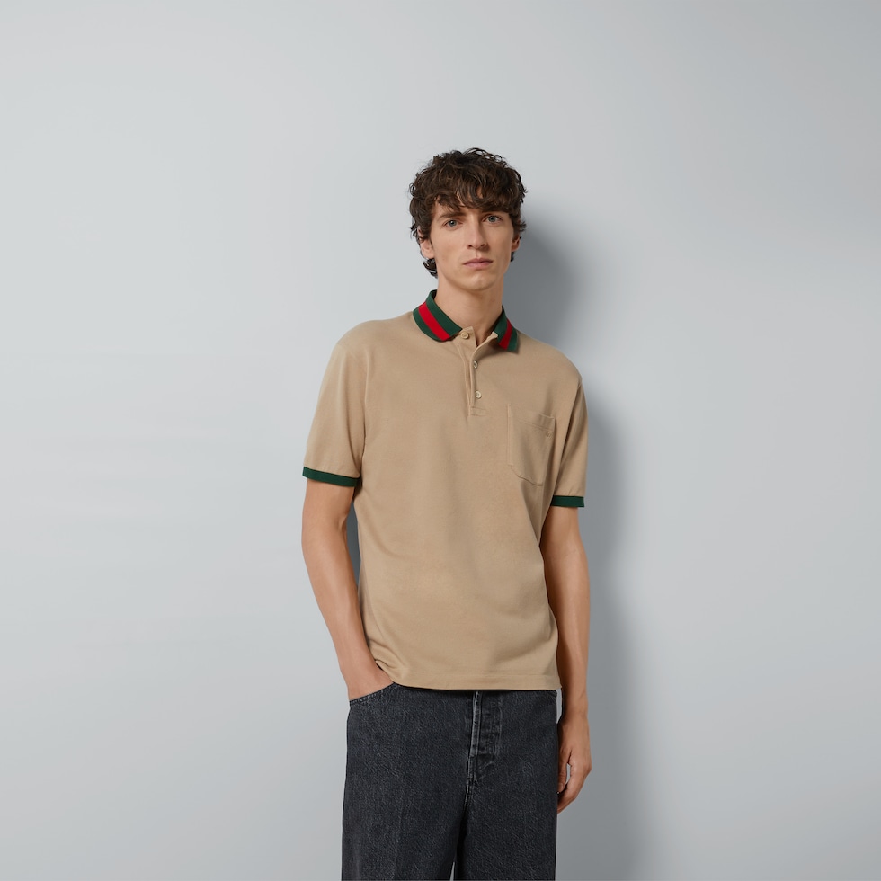 Cotton piquet polo with Web collar in beige | GUCCI® US
