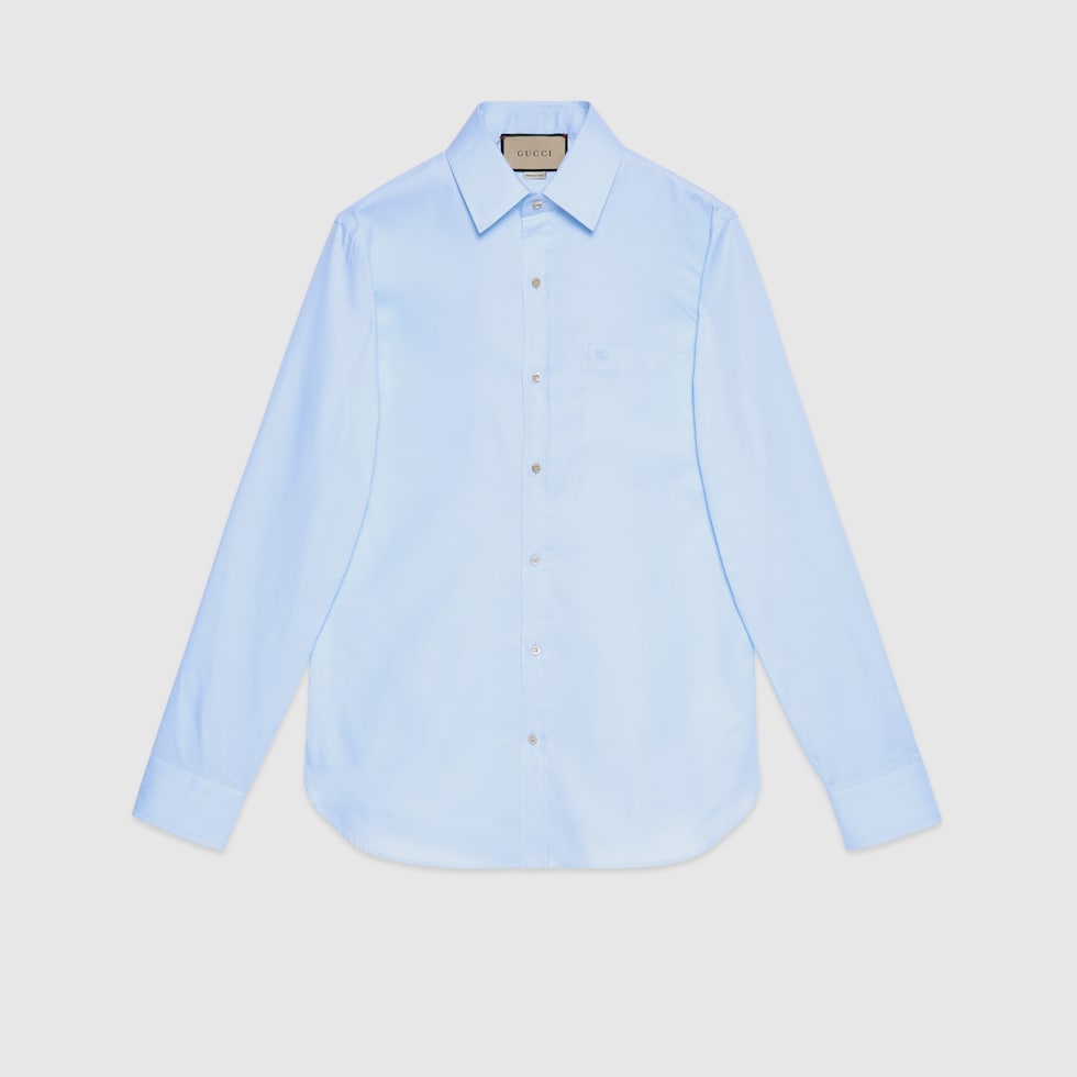 GUCCI◆トップス/L/コットン/BLU/無地/7004971 Cotton shirt with Double G embroidery in light blue | GUCCI® US