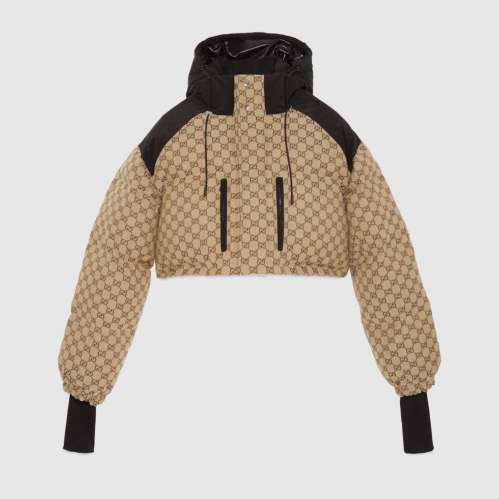 GG canvas bomber jacket in camel and ebony | GUCCI® US