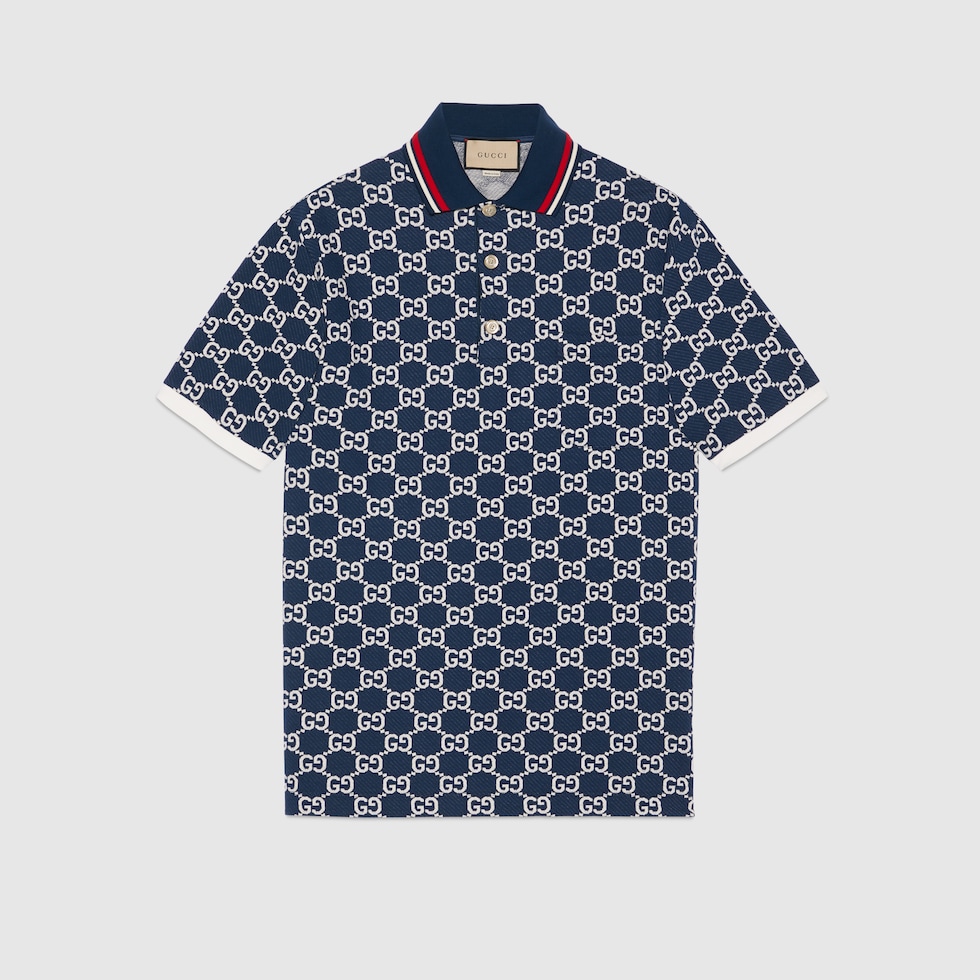 GG cotton jersey jacquard polo shirt in blue and ivory