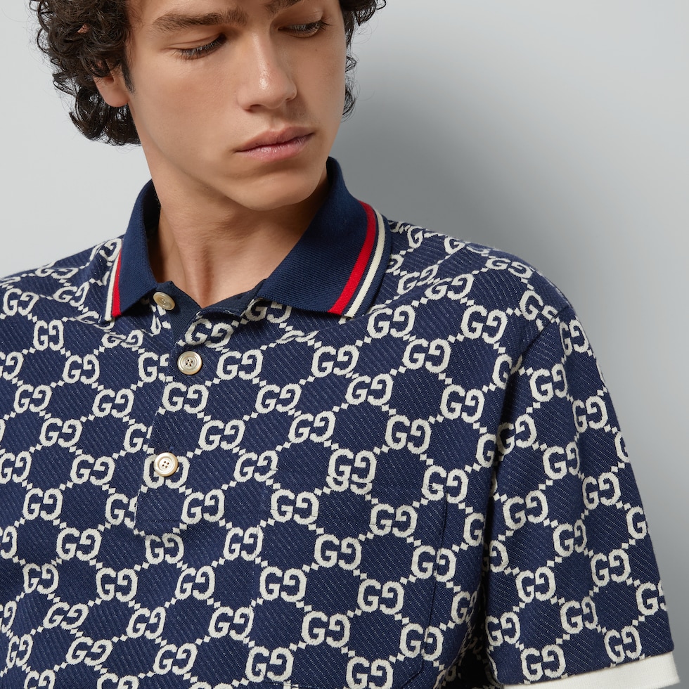 ポロシャツ GUCCI Men Polo Shirts GG cotton jersey jacquard polo shirt in blue and ivory
