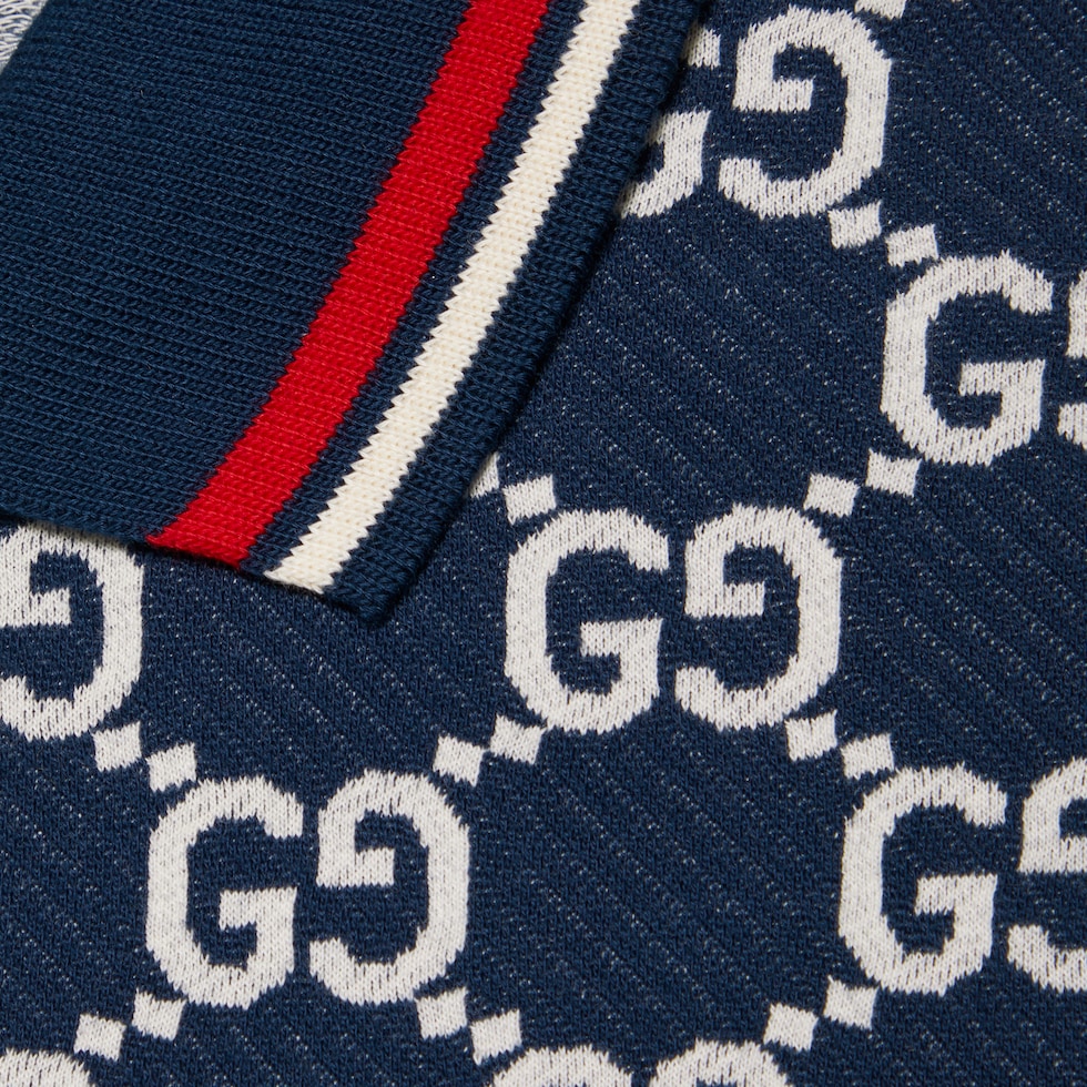 新作【GUCCI】GG コットンニット ジャカード ポロシャツ GGコットンジャージー ジャカード ポロシャツブルー＆アイボリー