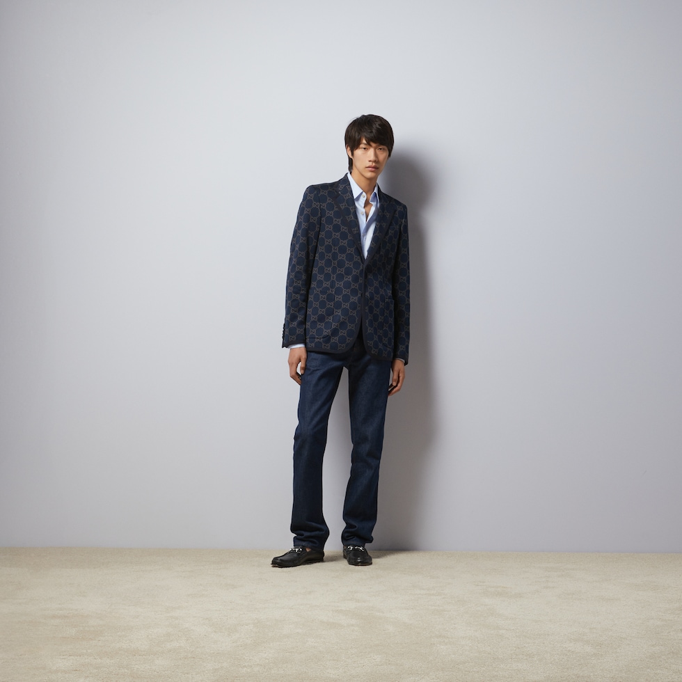 GG cotton jacket in dark blue and grey | GUCCI® US GG cotton jacket in dark blue and grey | GUCCI® US