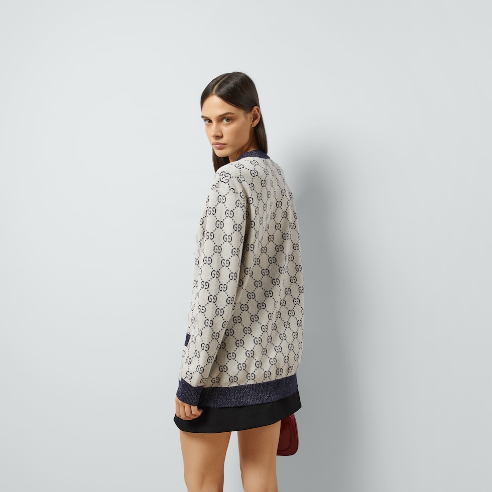 GG cotton jacquard cardigan in ivory and blue | GUCCI® US