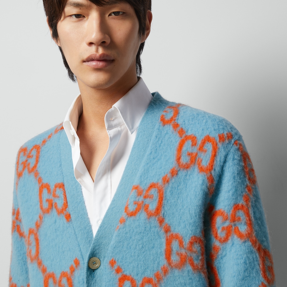 Wool cardigan with GG intarsia in light blue and orange | GUCCI® GR