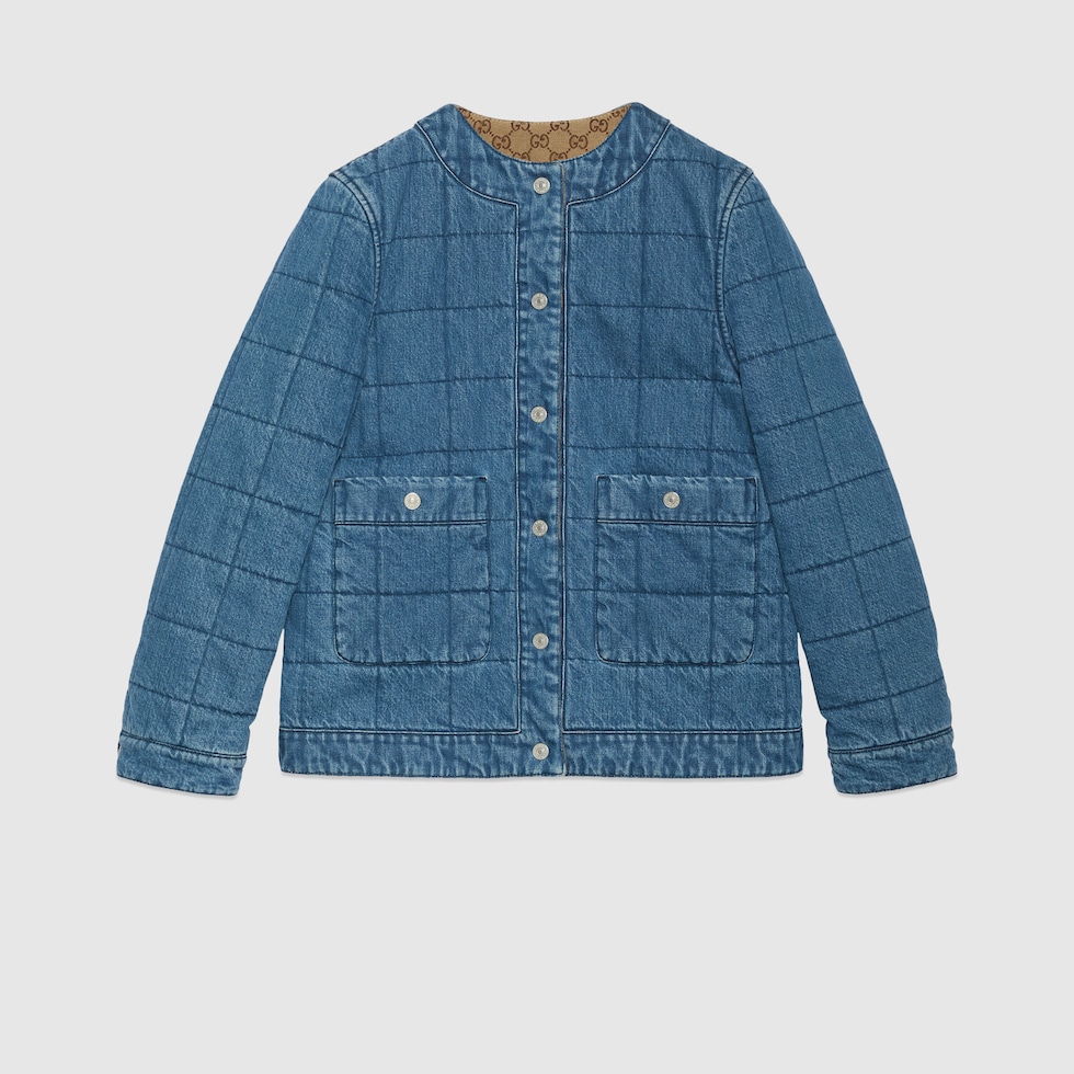 Reversible denim jacket in blue and camel | GUCCI® US