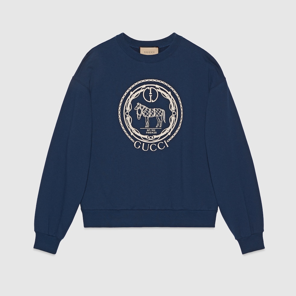 GUCCI★Felpa in jersey di cotone stampato Felpa in jersey di cotone con cappuccio in blu | GUCCI® Italia