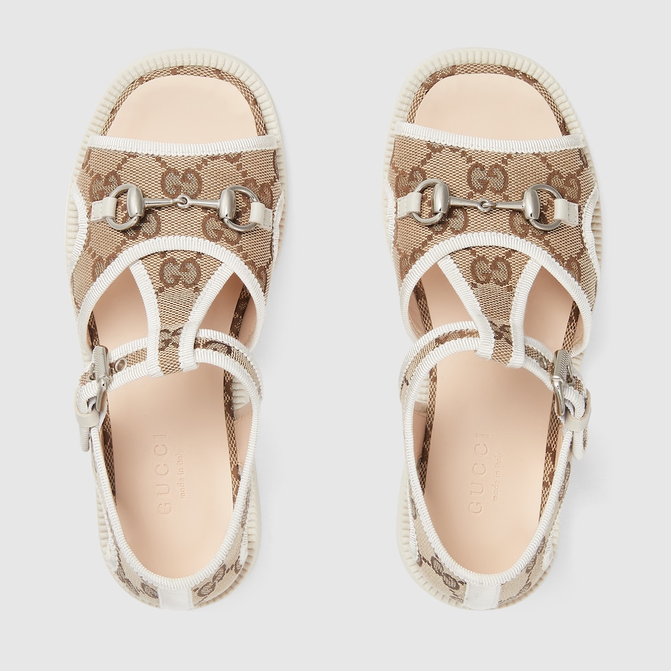 Children's Horsebit sandal in beige and ebony GG canvas