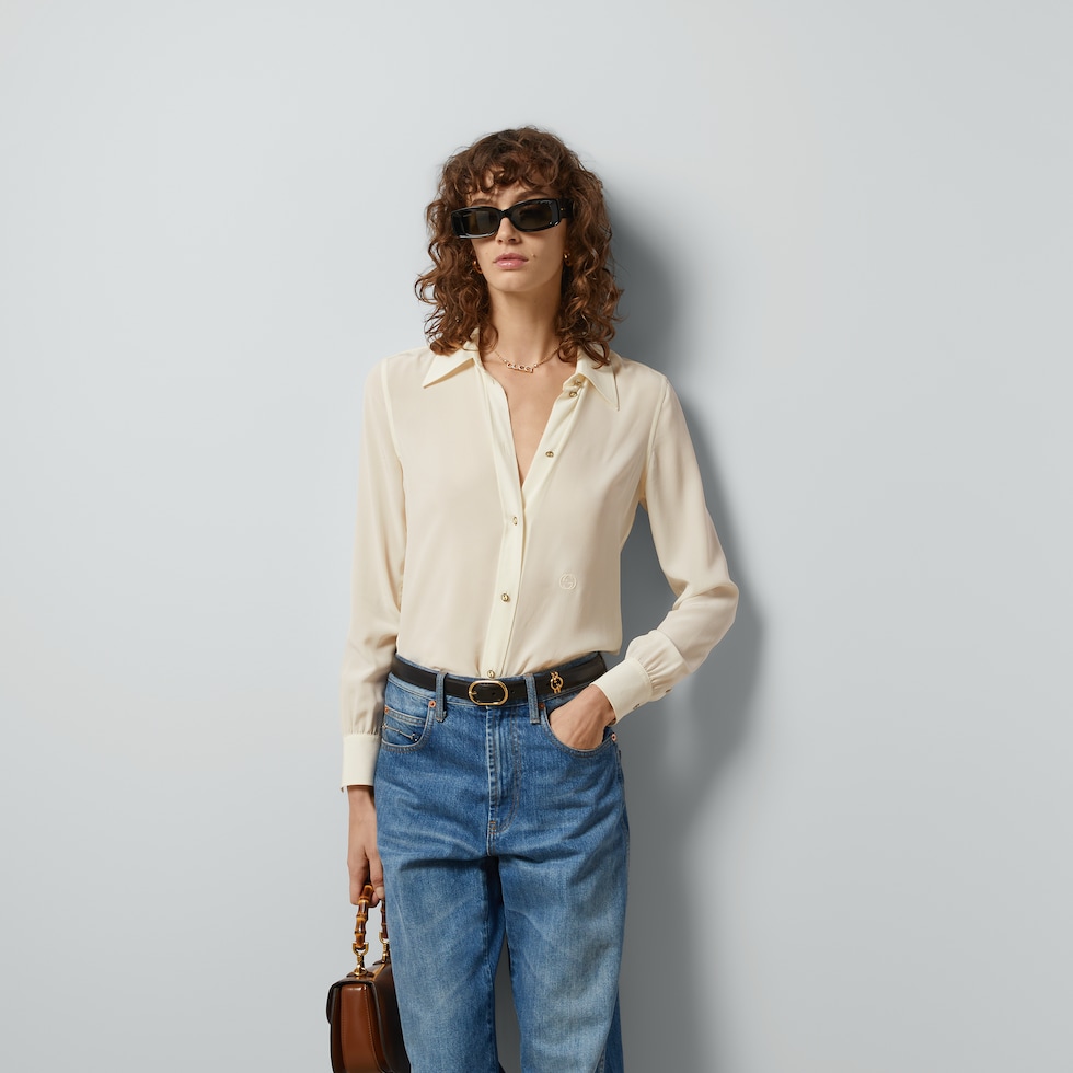 GUCCI アイボリー レース ジャンパー GG silk crepe shirt in ivory | GUCCI® US