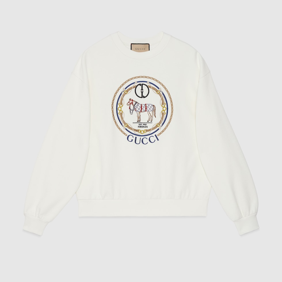 GUCCI★Felpa in jersey di cotone stampato Felpa in jersey di cotone con ricamo in color gesso | GUCCI® IT