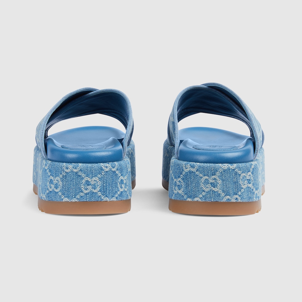 Women s GG platform slide sandal in light blue and ivory denim