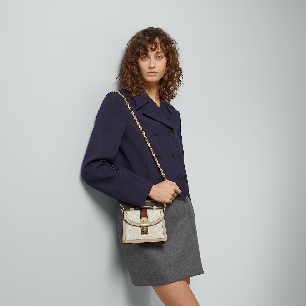 Ophidia mini top handle bag in beige and white GG Supreme