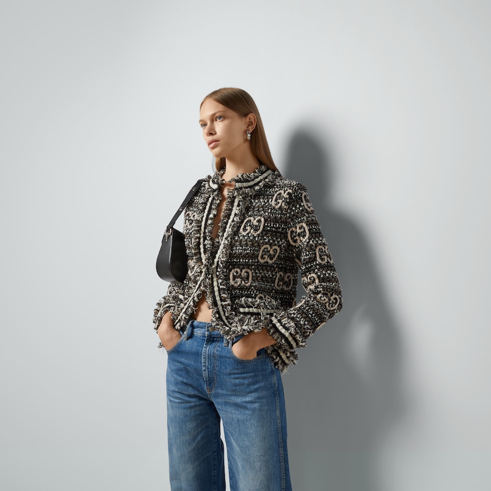 Wool mohair GG cardigan in black and ivory | GUCCI® TH