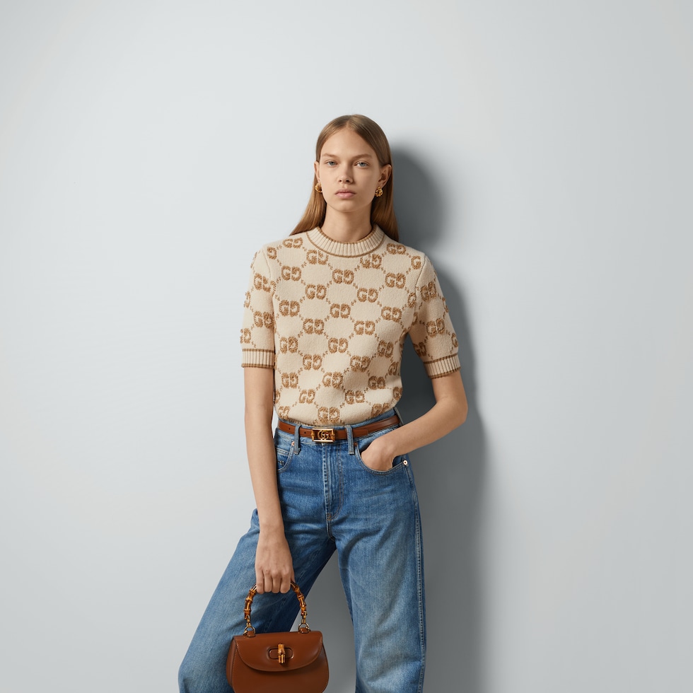 GG wool bouclé jacquard top in ivory and camel | GUCCI® US