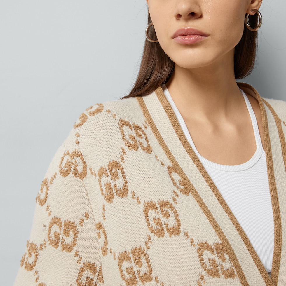 GG wool bouclé jacquard cardigan in ivory and camel | GUCCI® US