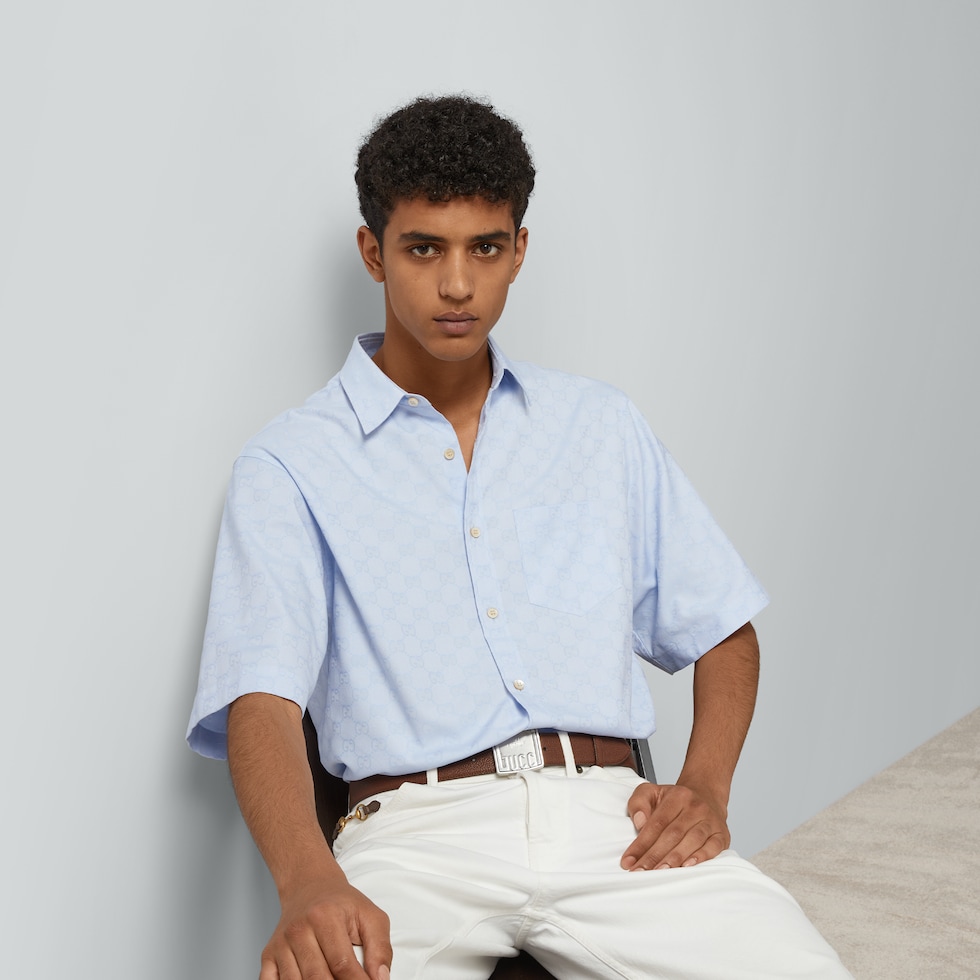 GG Supreme Oxford cotton shirt in light blue | GUCCI® US