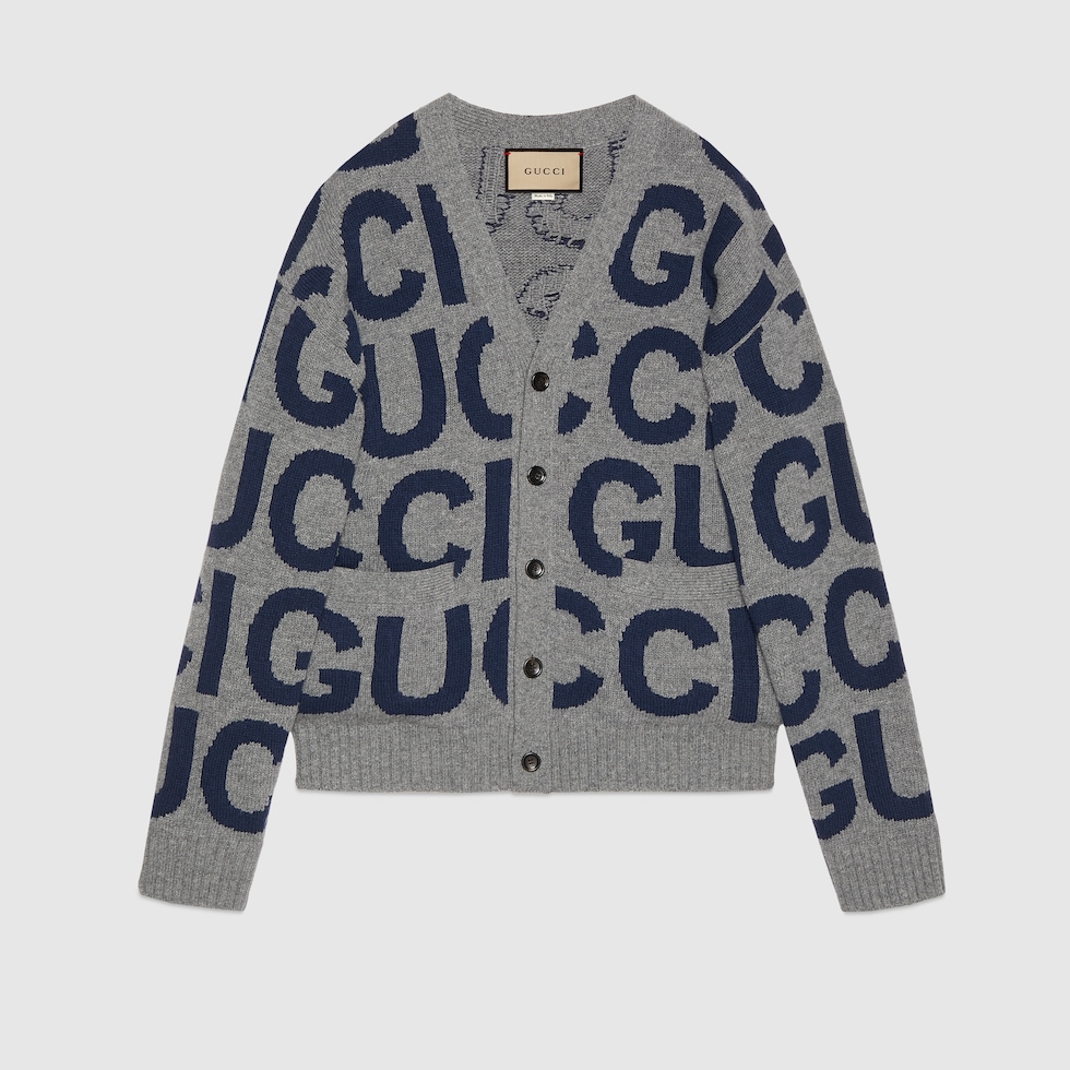 Wool cardigan with Gucci intarsia in grey and blue | GUCCI® UK