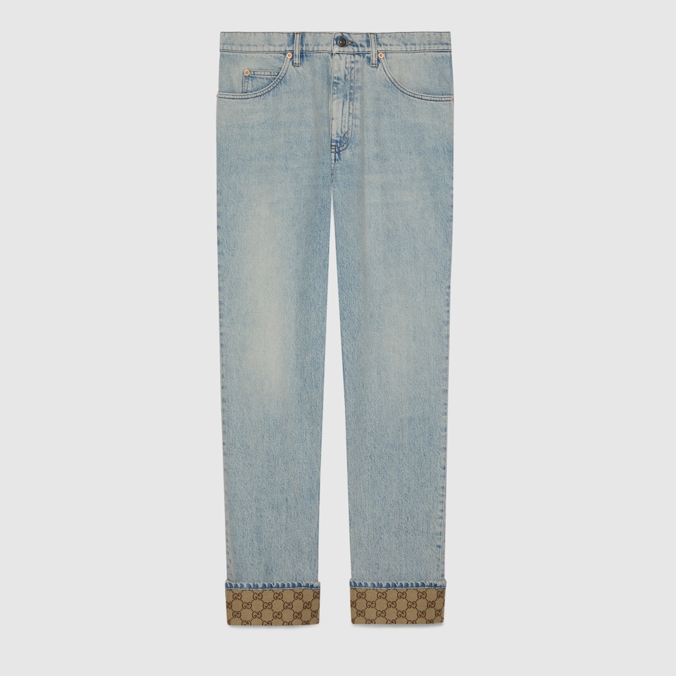 Washed denim pant with GG turn ups in light blue | GUCCI® US