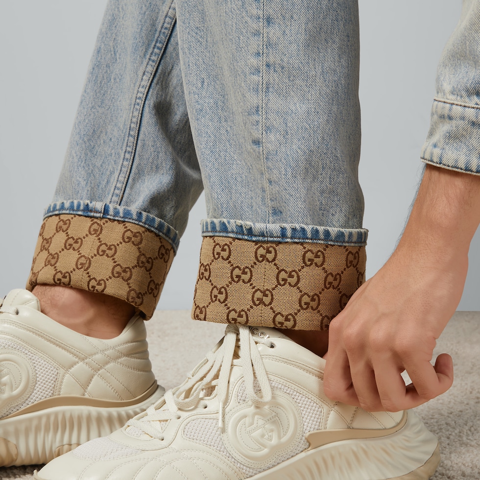 Washed denim pant with GG turn ups in light blue | GUCCI® US