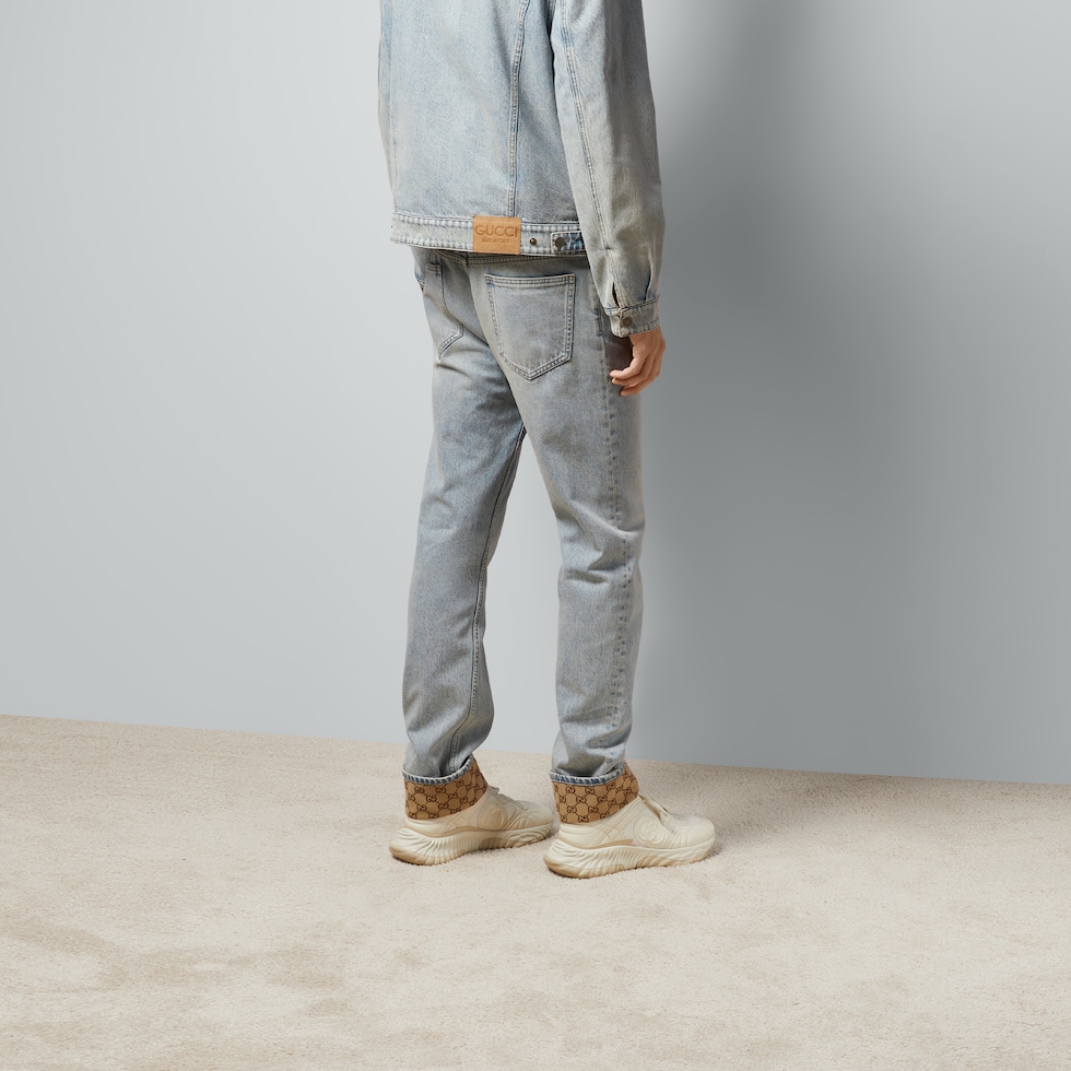 Washed denim pant with GG turn ups in light blue | GUCCI® US