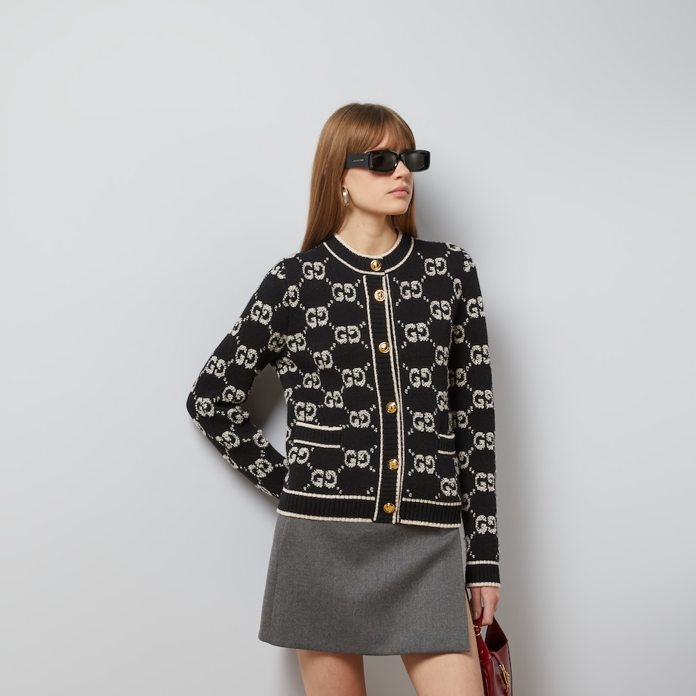 GG wool bouclé jacquard cardigan in black and ivory | GUCCI® US