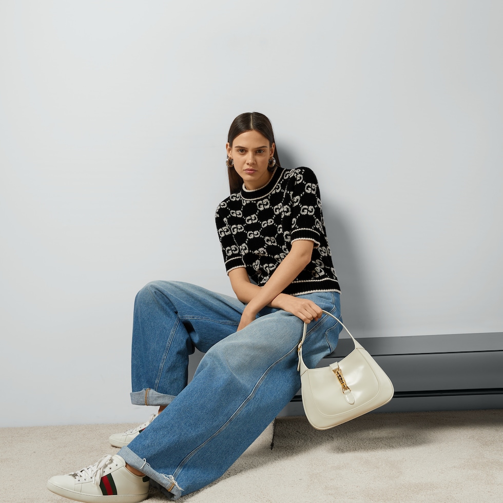 GG wool bouclé jacquard top in black and ivory | GUCCI® US
