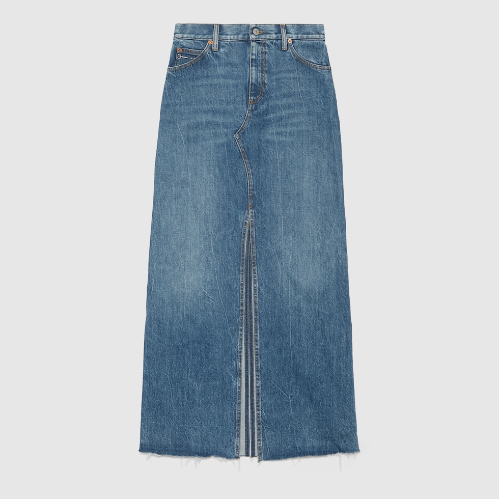 Organic denim skirt with Horsebit in blue | GUCCI® US Organic denim skirt with Horsebit in blue | GUCCI® US