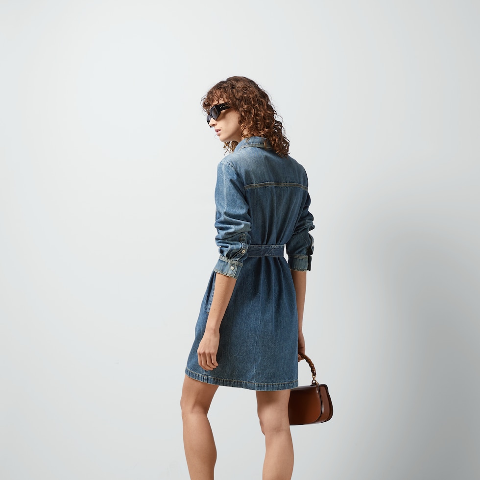 Organic denim dress with Horsebit in blue GUCCI US