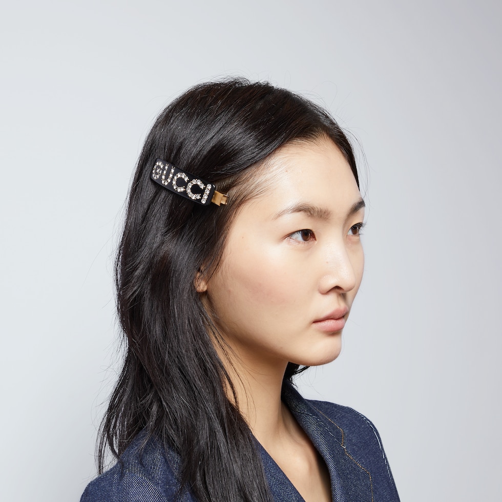 Crystal Gucci single hair clip in black resin | GUCCI® US
