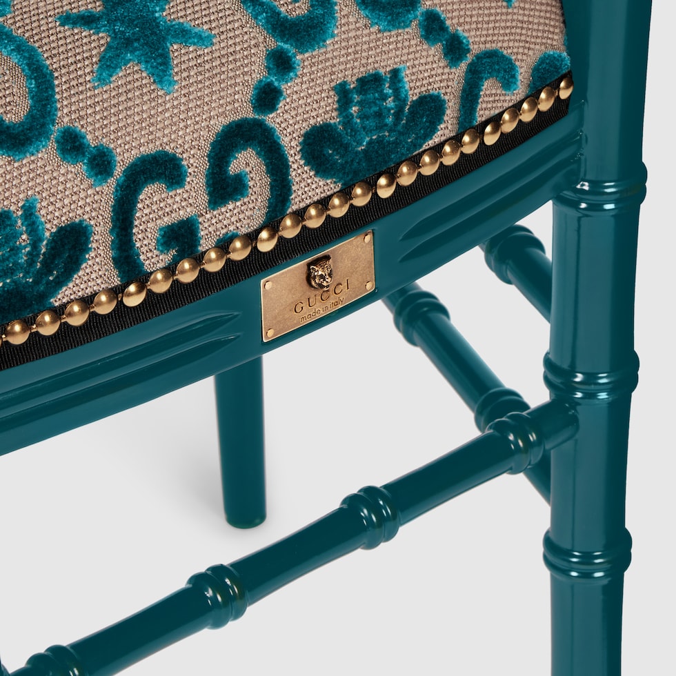Chiavari GG bees chair with arm rest in turquoise and beige GG jacquard |  GUCCI® US