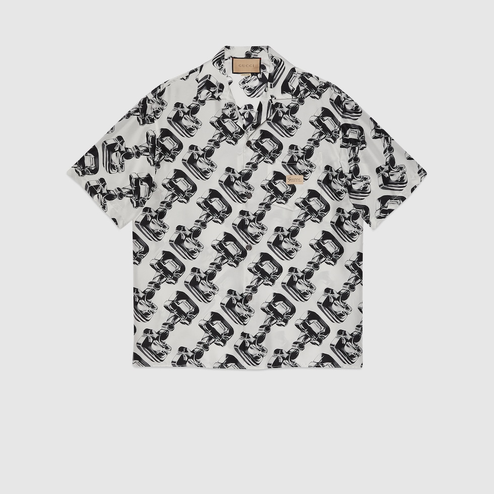 3D glass Horsebit print silk shirt in ivory and grey GUCCI ZA