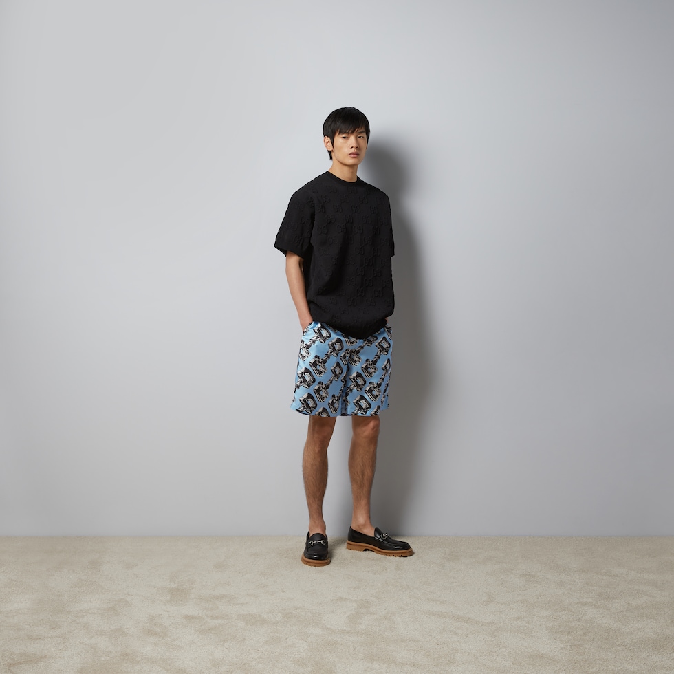 3D glass Horsebit print silk shorts in light blue and grey GUCCI