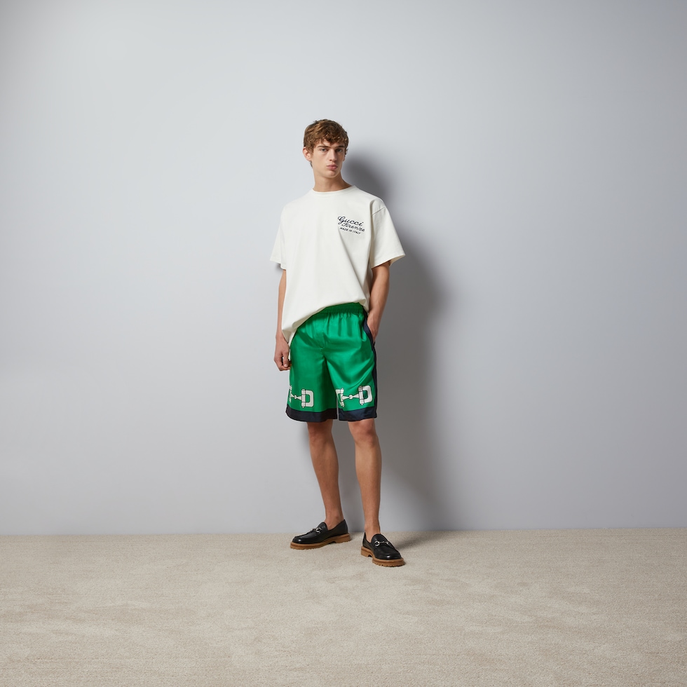 Silk shorts with Horsebit print in green and blue GUCCI GR