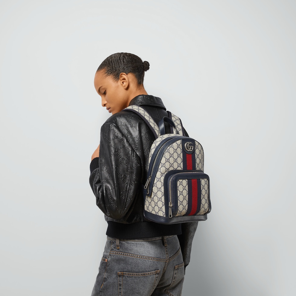 Ophidia small backpack in beige and blue GG Supreme | GUCCI® US