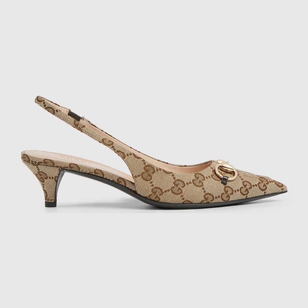 お歳暮 人気 オシャレ Women's Horsebit slingback pump in beige and ebony canvas トライアルセット・サンプル