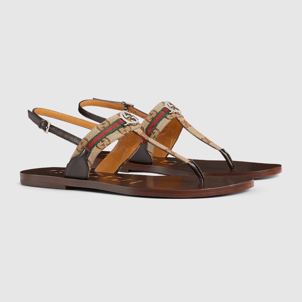 Women's Interlocking G Web sandal in beige and ebony GG canvas | GUCCI® US