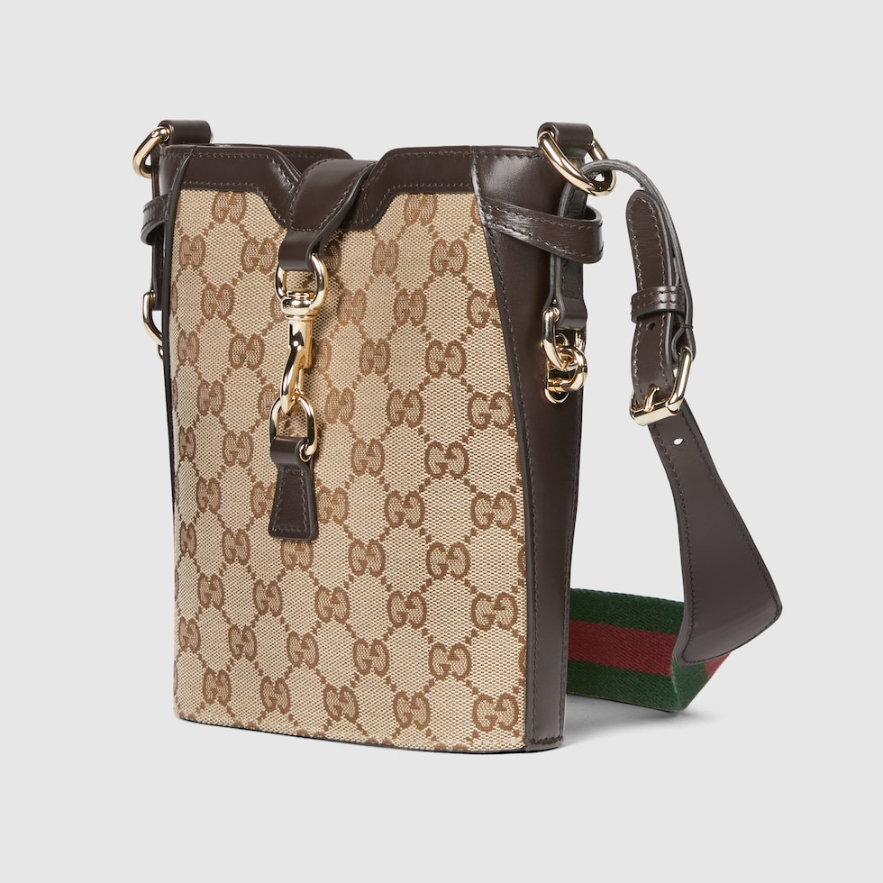 Mini bucket shoulder bag in beige and ebony canvas | GUCCI® RO