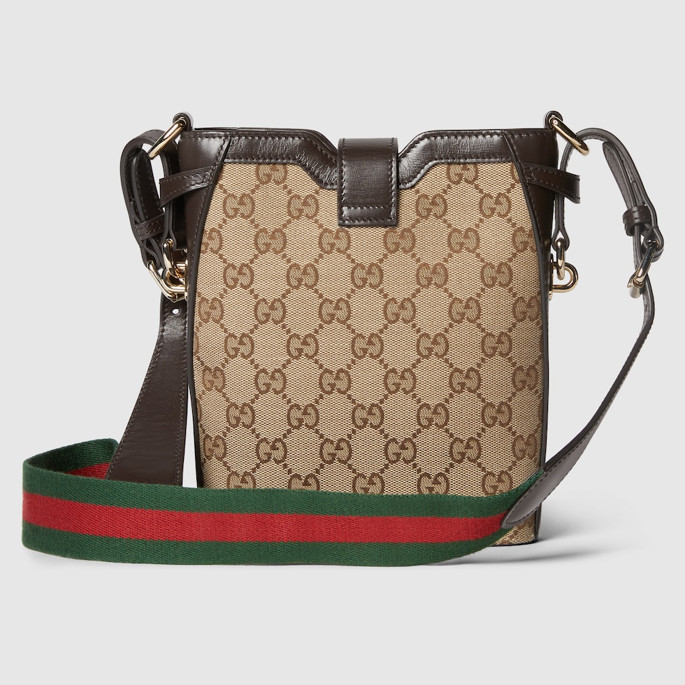 Mini bucket shoulder bag in beige and ebony canvas | GUCCI® RO