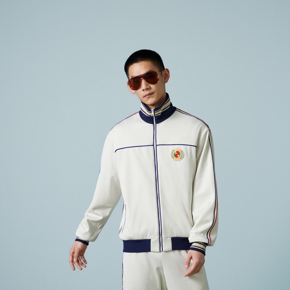 Technical jersey zip jacket with patch in off white | GUCCI® US