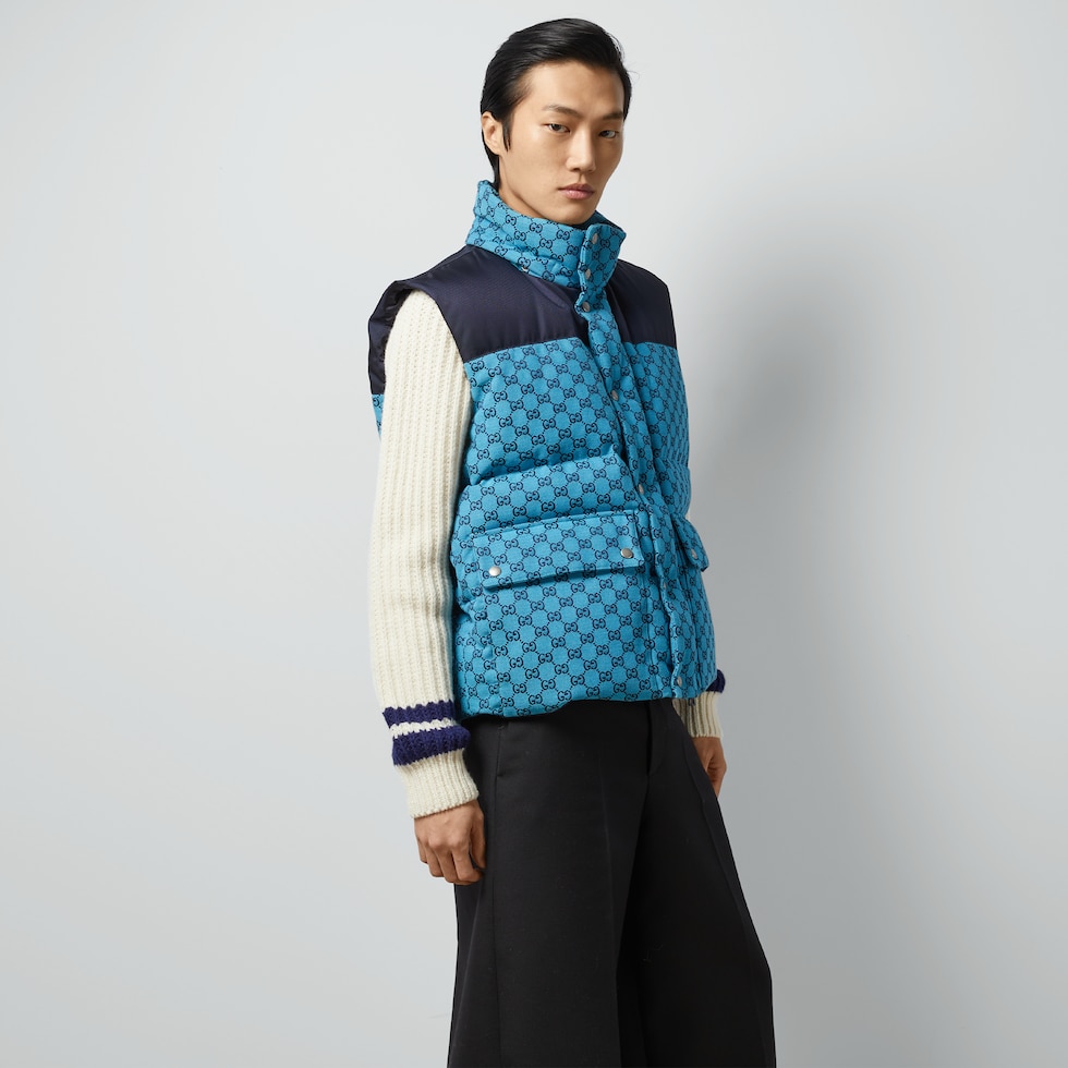 GG canvas down vest in light blue and blue | GUCCI® US