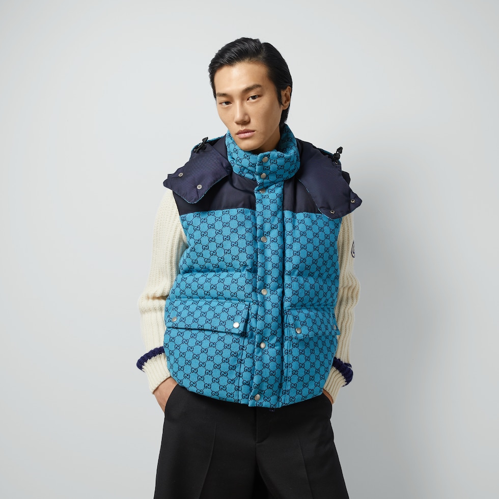 GG canvas down vest in light blue and blue | GUCCI® US