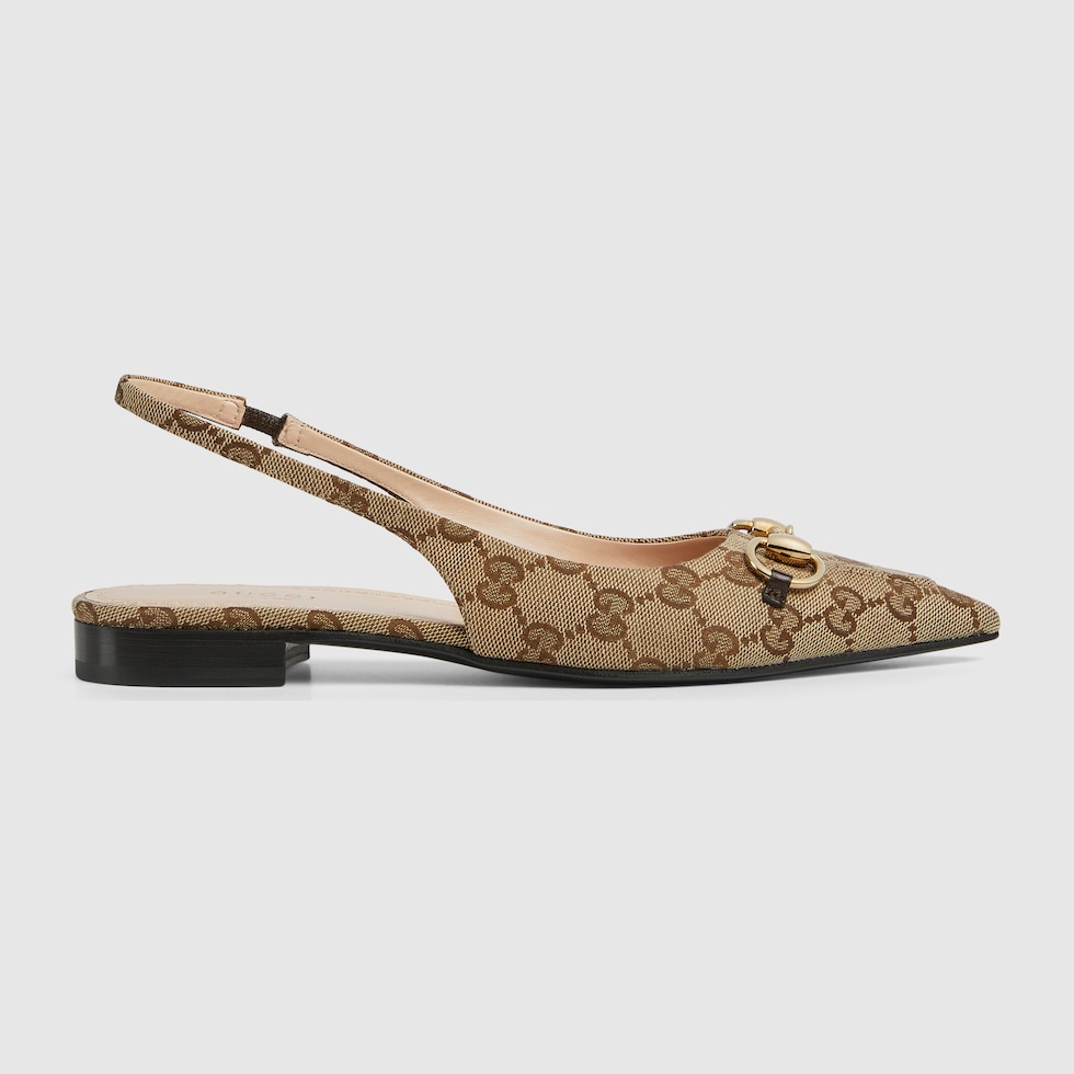 GUCCI Women s Horsebit Slingback Ballet Flat Beige GG Canvas