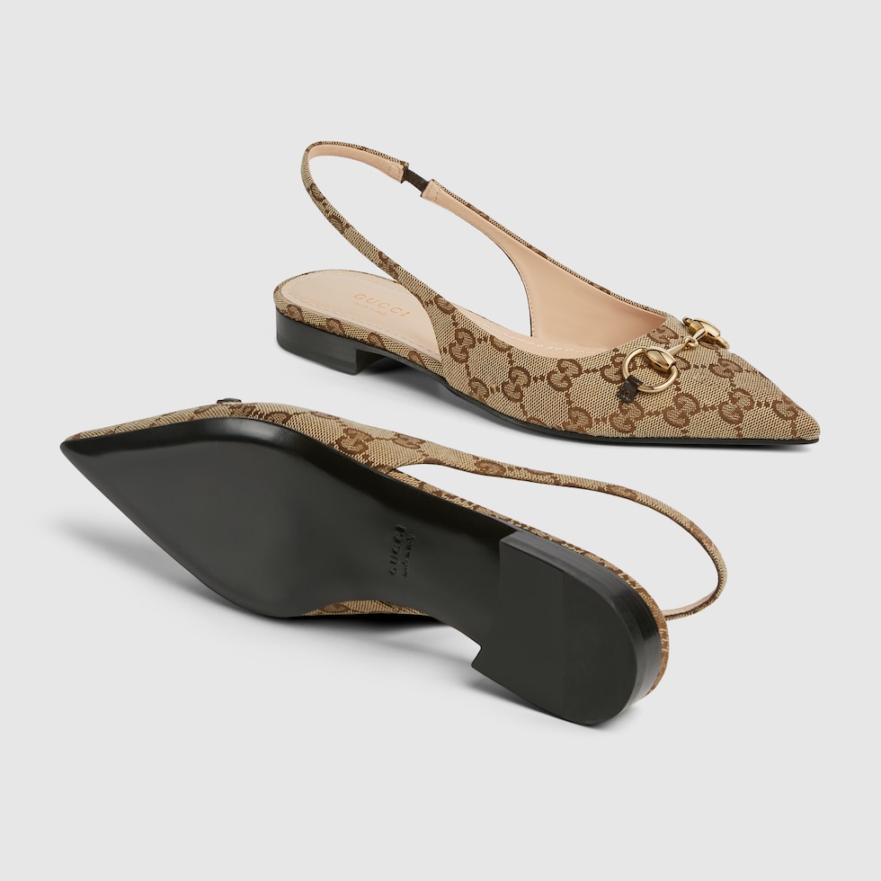 Women s Horsebit slingback ballet flat in beige and ebony Original GG canvas GUCCI Australia