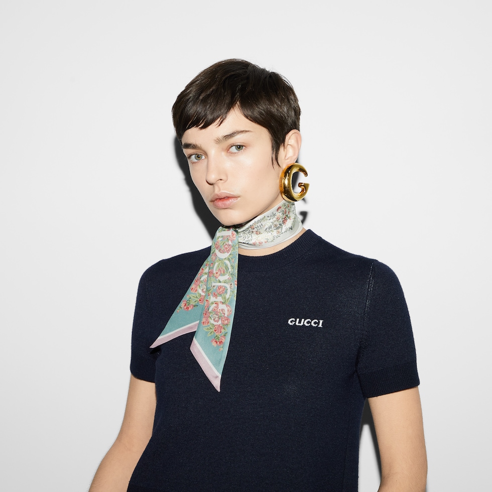 Gucci floral print silk neck bow in acquamarine and pink GUCCI US