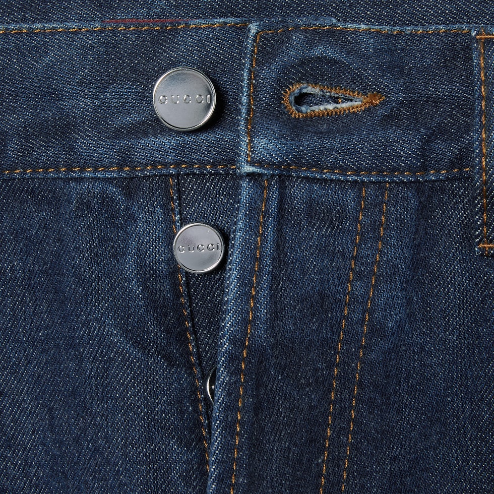 Denim pant with Gucci label in dark blue | GUCCI® US