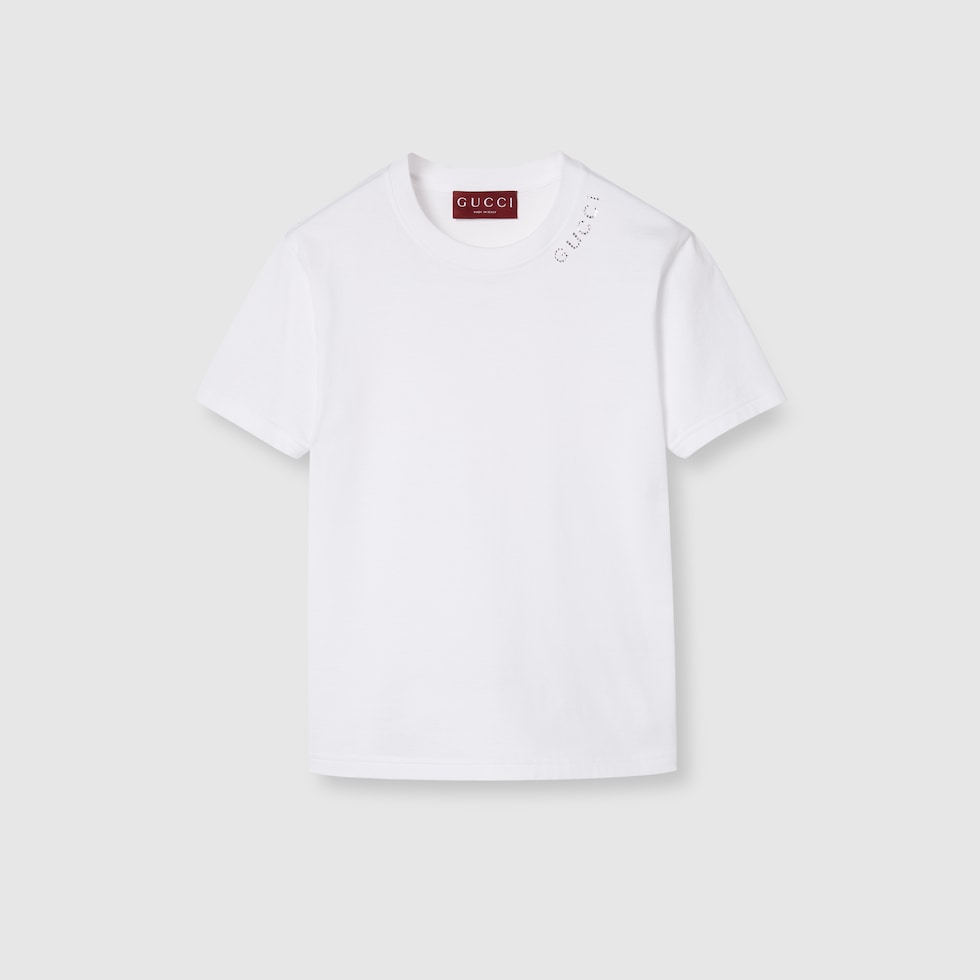 Cotton jersey T-shirt with crystal in white | GUCCI® US
