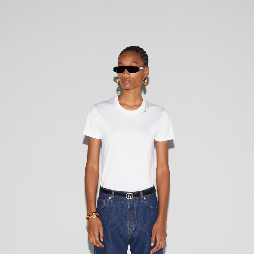 GUCCI クリスタル装飾 コットン ジャージー Tシャツ Cotton jersey T-shirt with crystal in white | GUCCI® US