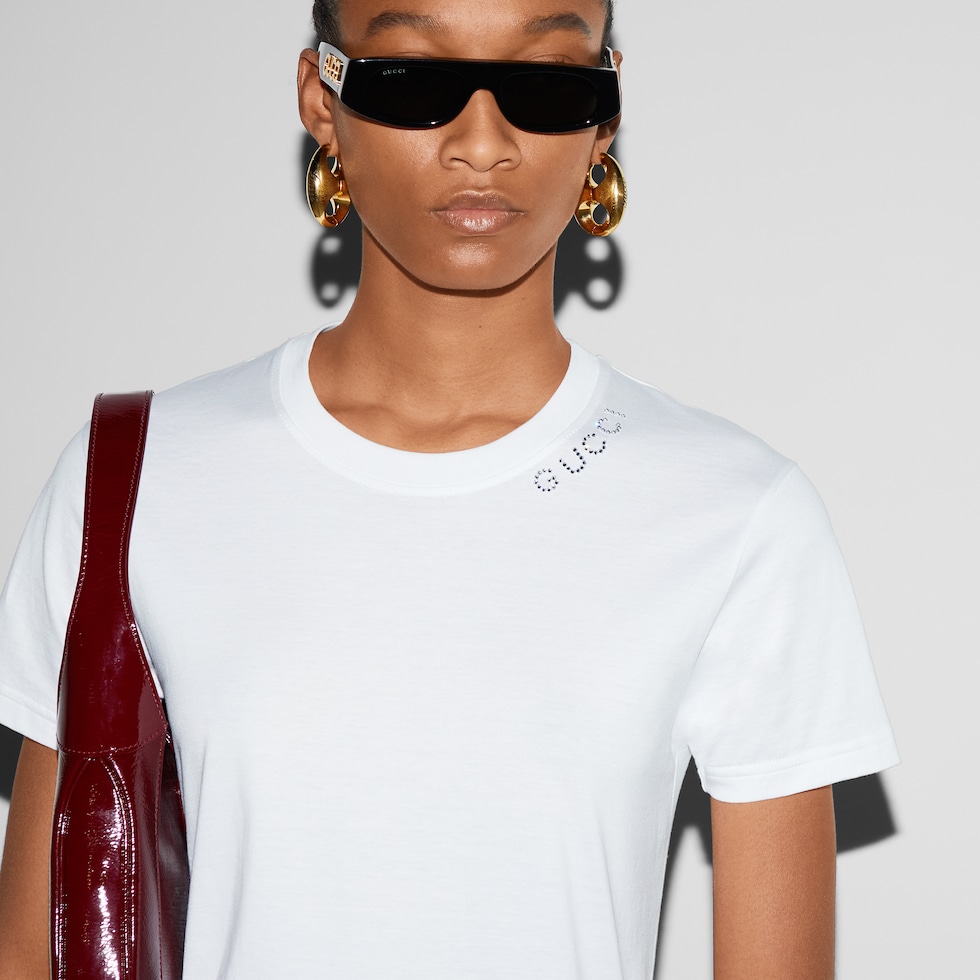 Cotton jersey T-shirt with crystal in white | GUCCI® US
