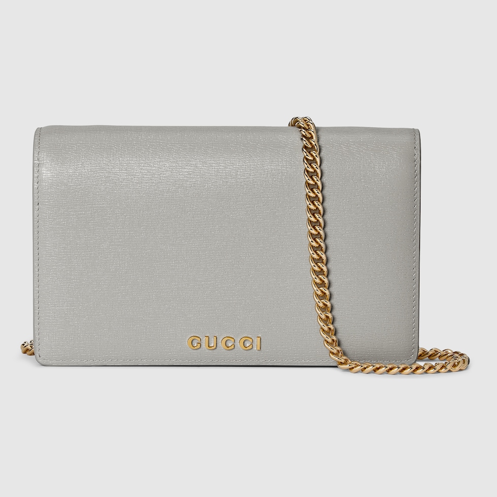 Chain wallet with Gucci script in light grey leather | GUCCI® US